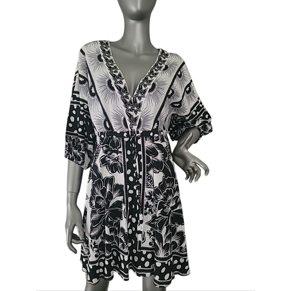 FARM Rio For Anthropologie Puff Sleeve Black & White Floral Mini Dress Small